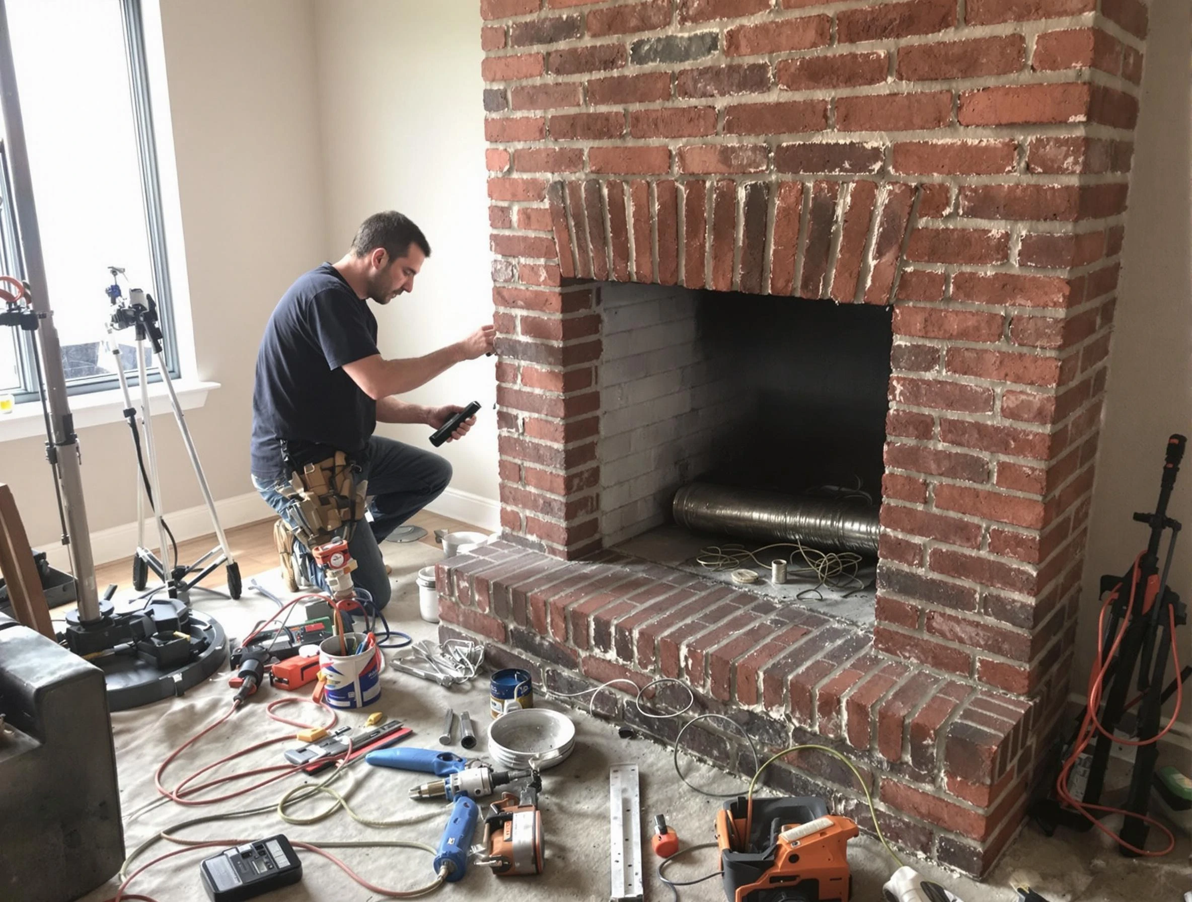 Belmont Chimney Sweep specialist finalizing chimney liner service in Belmont, MA