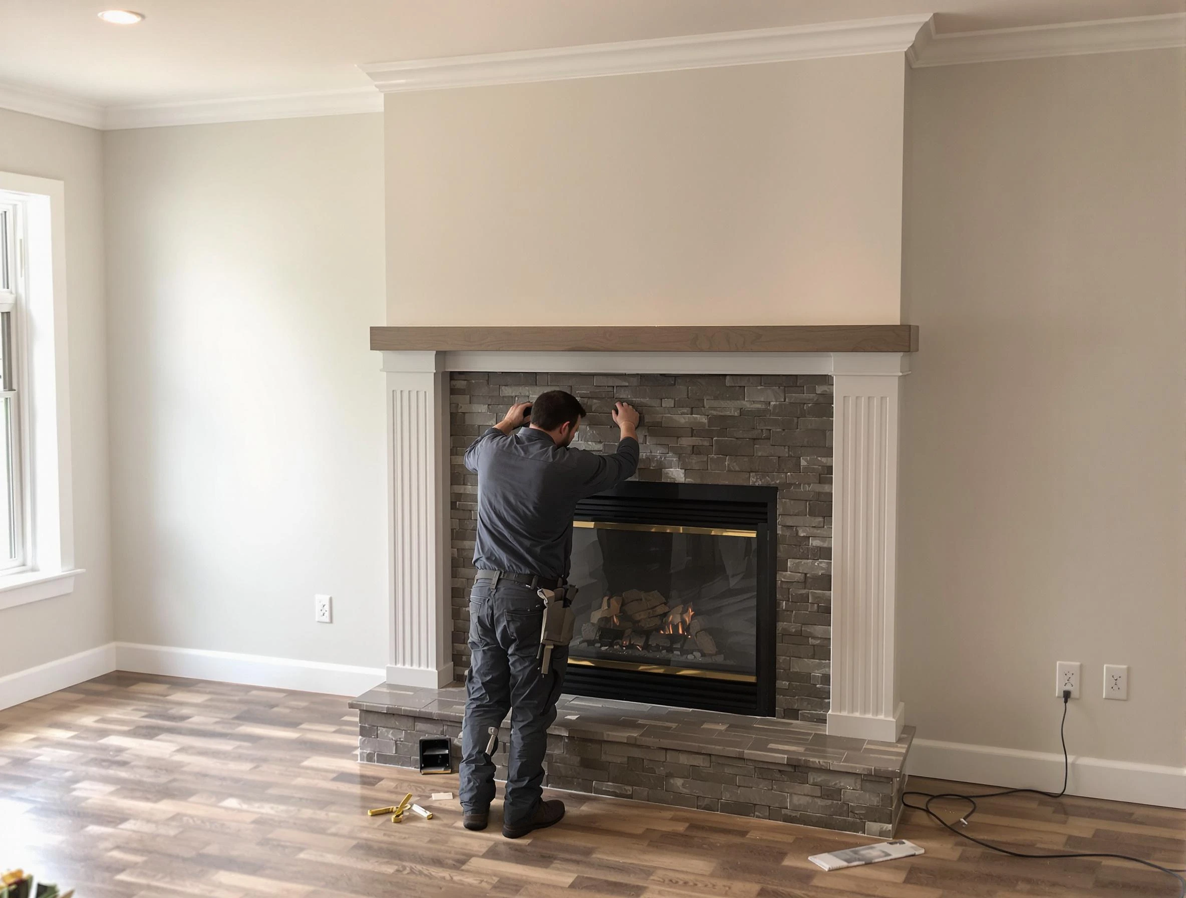 Belmont Chimney Sweep finishing a custom fireplace install in Belmont, MA