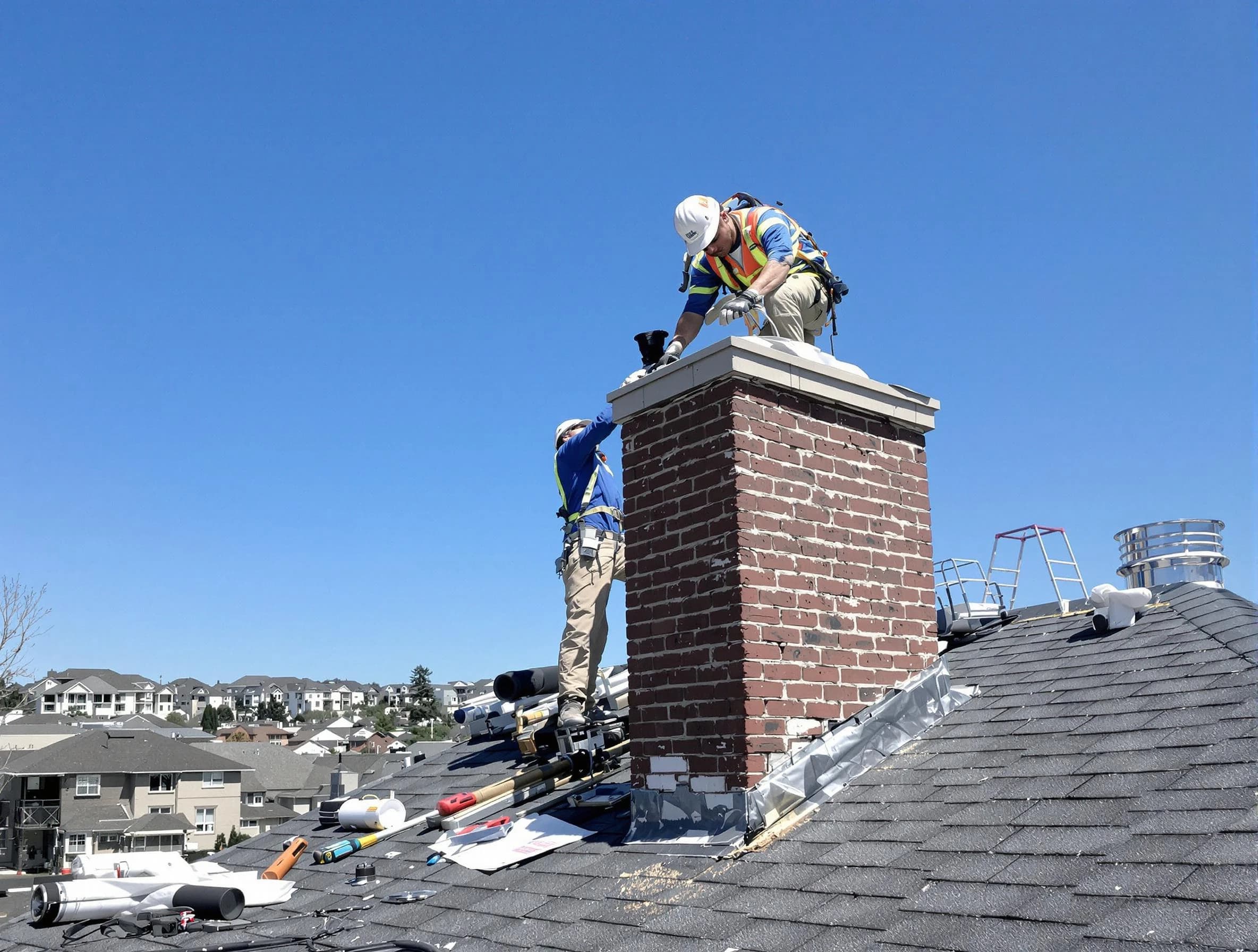 Belmont Chimney Sweep repairing a chimney crown in Belmont, MA