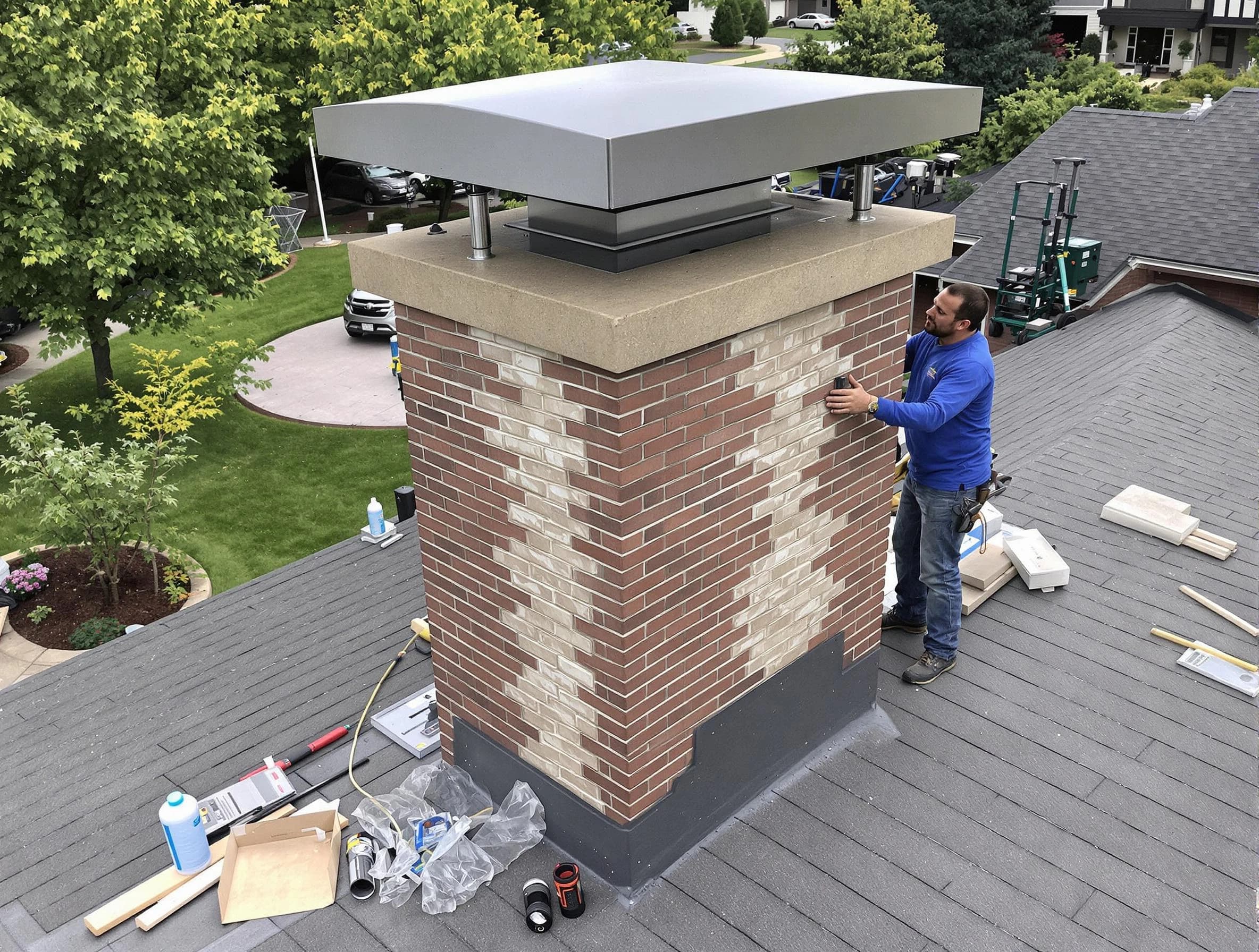 Belmont Chimney Sweep team working on a custom chimney remodel in Belmont, MA