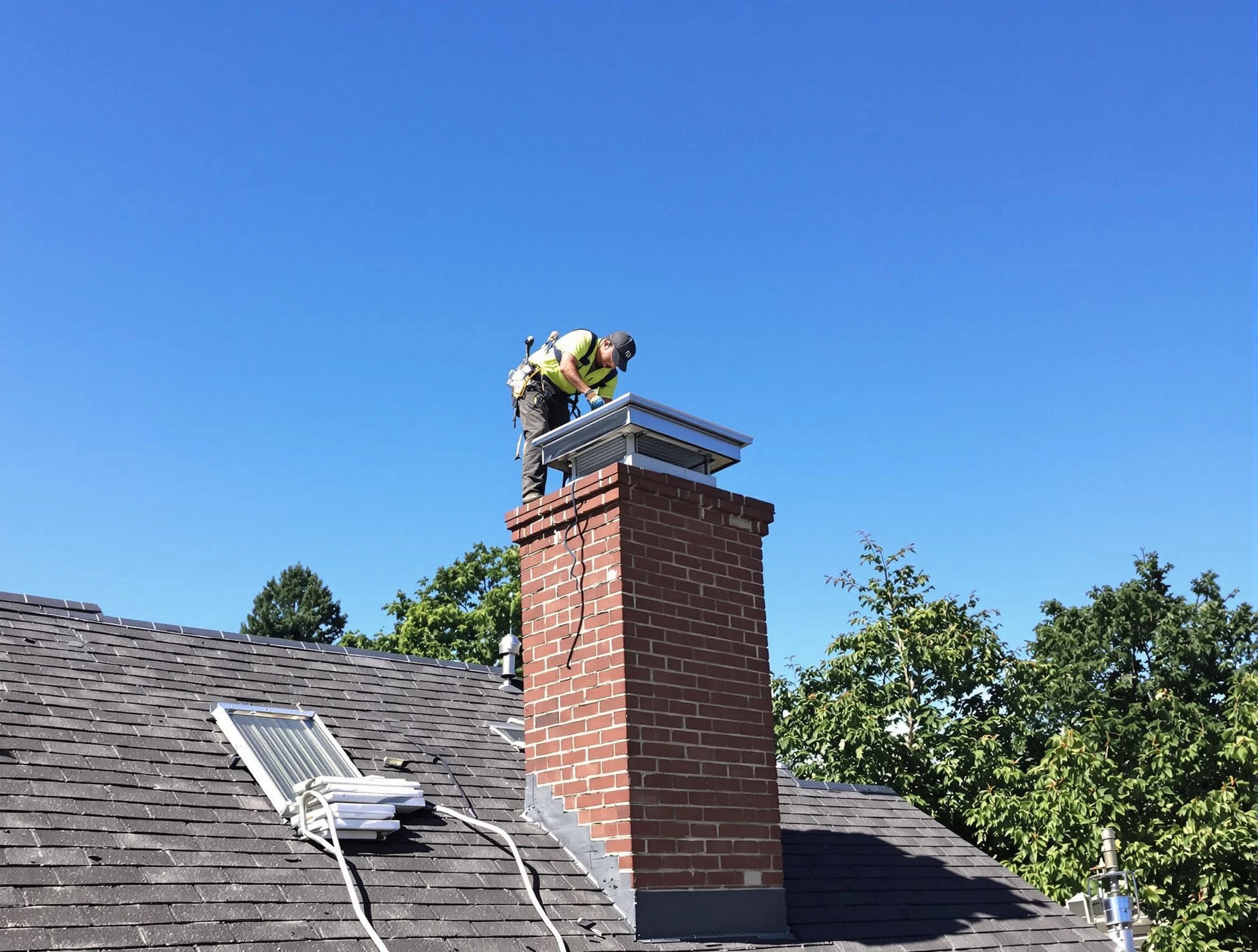 Belmont Chimney Sweep technician measuring a chimney cap in Belmont, MA