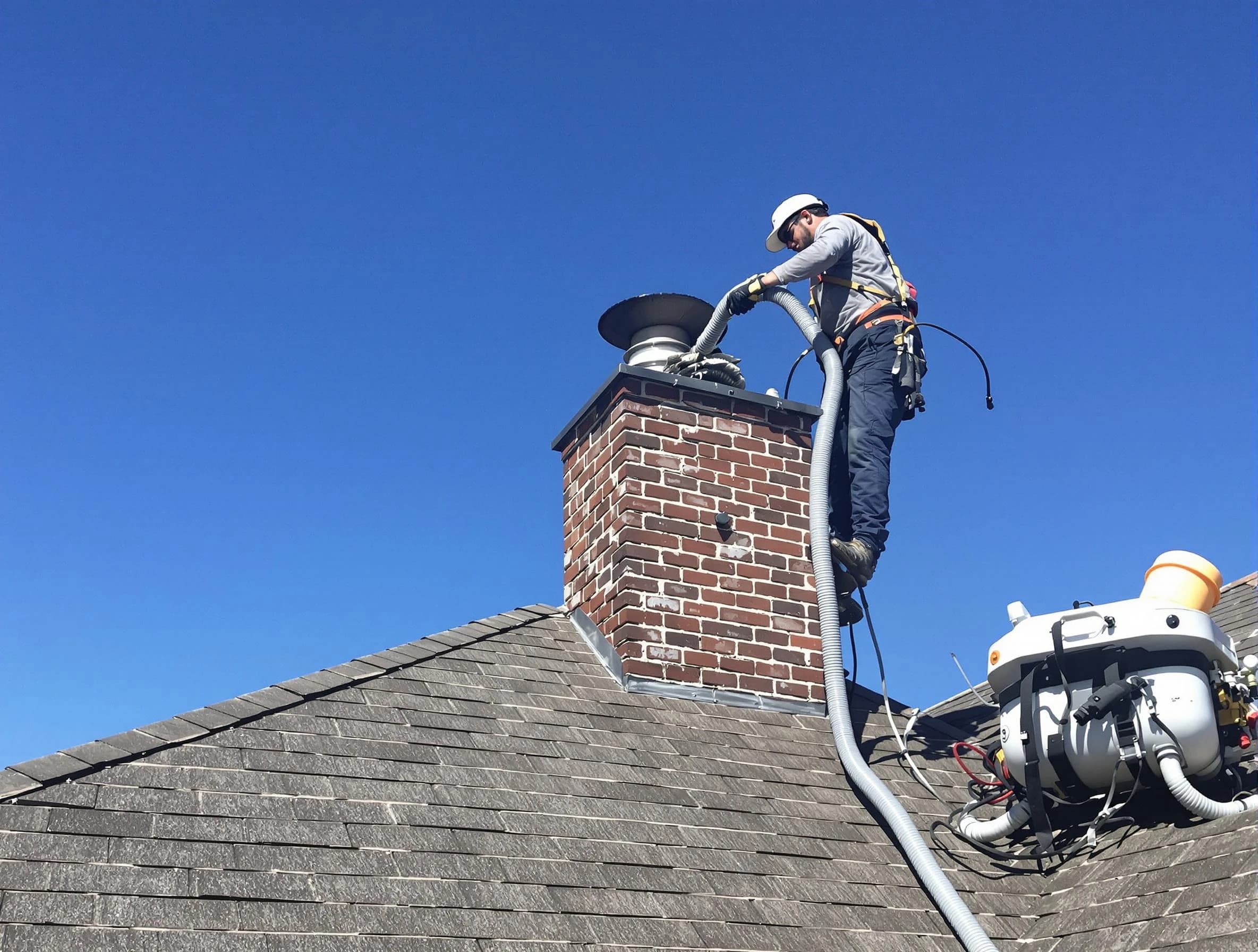 Dedicated Belmont Chimney Sweep team member cleaning a chimney in Belmont, MA